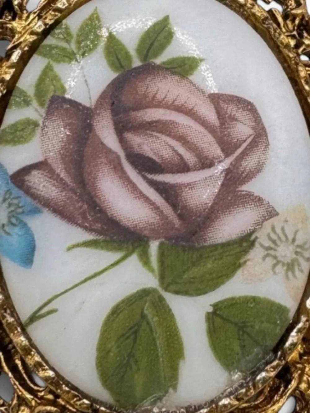 Vintage Pink Rose Porcelain Cameo Brooch Gold Tone Filigree Floral Pin Estate